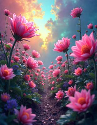 The primary subject of the image is a path surrounded by a field of pink flowers. The setting is a beautiful garden with a sunny atmosphere. The visual style is a combination of photo and digital art, creating a vibrant and lively scene. The dominant colors are pink and orange, giving the image a warm and inviting mood.